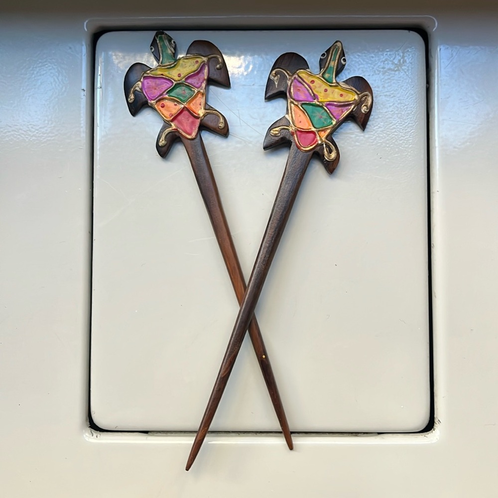 Pack of Two Hand Painted Turtle Hair Sticks